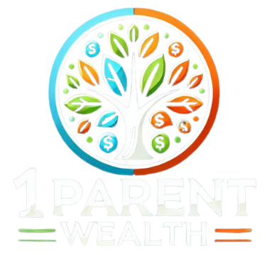 This is the logo for the financial coaching business titled 1parentwealth. Its primary colours are orange, blue and green. It is a treet with leaves falling and some of the leaves have the $ symbol.